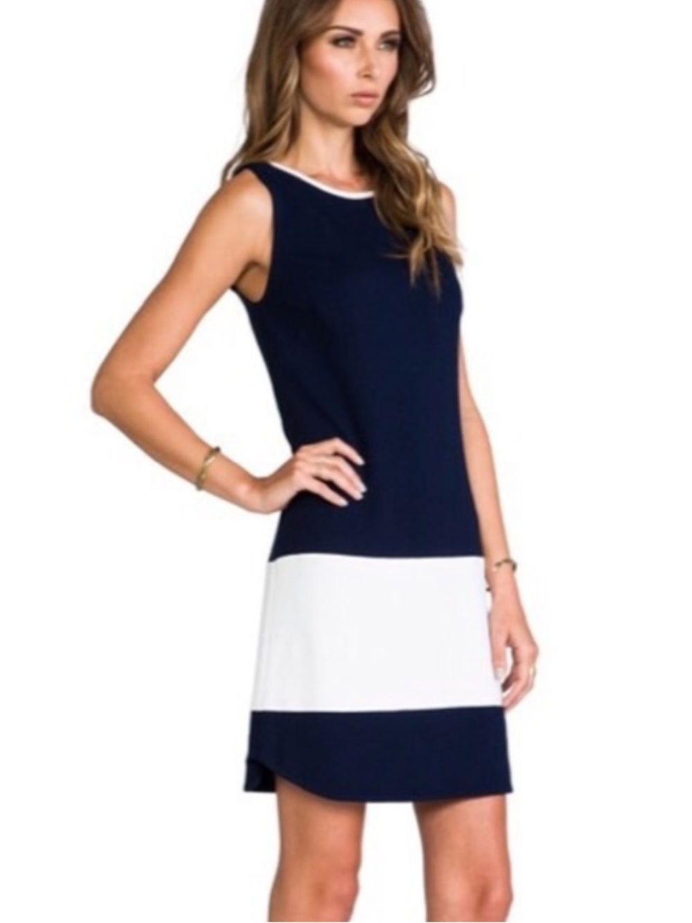 Trina Turk Sleeveless Nautical Navy and White Colorblock Shift Dress